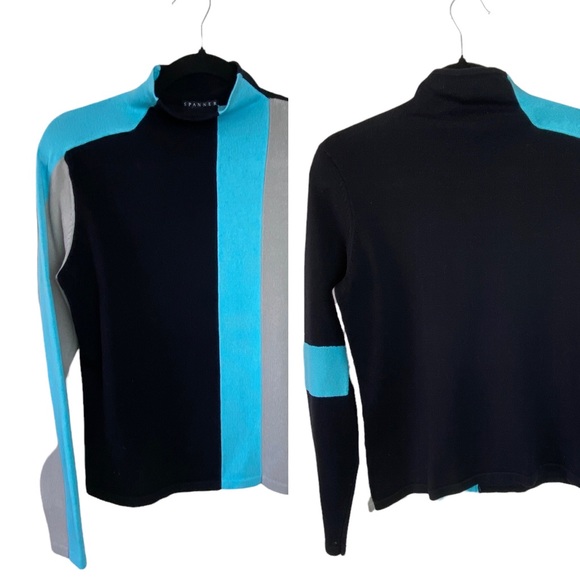 Spanner Retro Black Blue Color Block Tight Knit High Neck Long Sleeve Sweater S - Picture 11 of 16